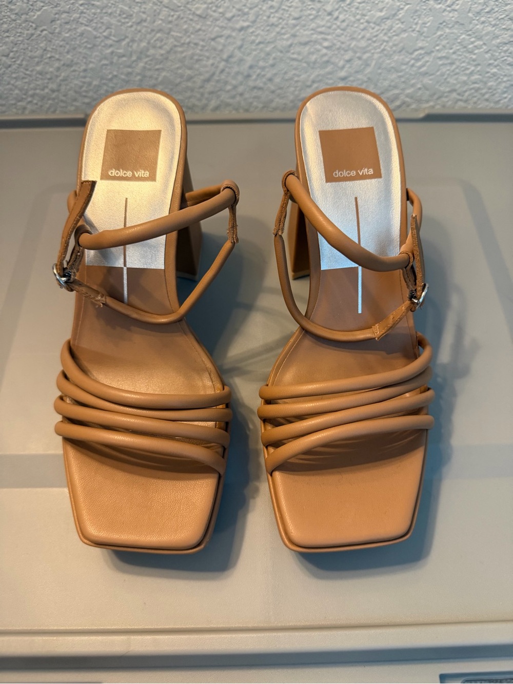 Dolce Vita Camel/Tan Multi-Strap Square Toe Block Heels